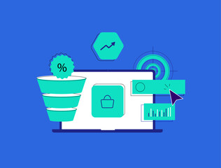 Wall Mural - e-commerce digital marketing concept with advertising banners, sales funnels, online promotions, tar