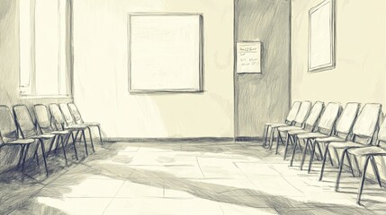 Wall Mural - Empty Waiting Room Sketch Showing Rows Of Chairs