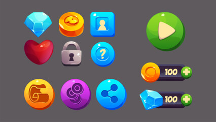 Wall Mural - game ui icons and interface design elements. cartoon vector play button, bar with golden coin and bl
