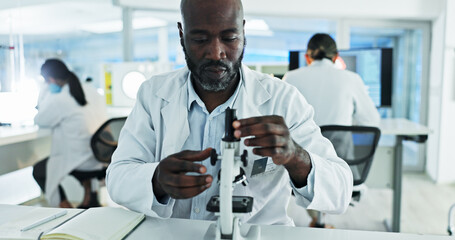 Wall Mural - Scientist, man and study with microscope, analysis and sample preparation in biotech laboratory. Biochemistry, bacteria and solution with technician for DNA research, genetic innovation or results