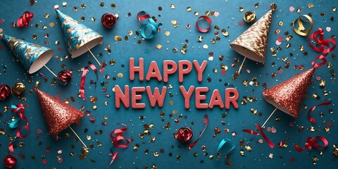 A New Year's greeting banner decorated with brightly colored party hats, bright ribbons and confetti in various colors, with the message Happy New Year prominently displayed.