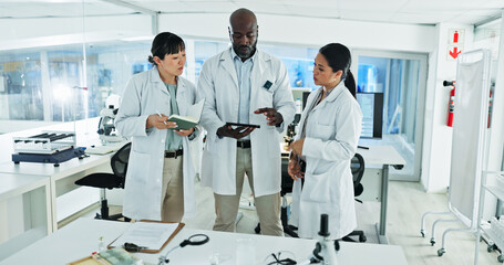 Wall Mural - scientist, team and collaboration for research, notes and experiment results or medical information.