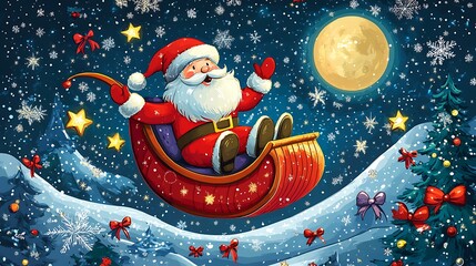 Wall Mural - festive cartoon santa flying across the night sky in his sleigh, surrounded by sparkling stars and a