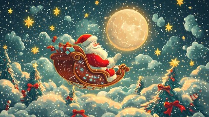 Wall Mural - festive cartoon santa flying across the night sky in his sleigh, surrounded by sparkling stars and a