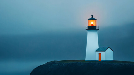 White lighthouse in a foggy landscape creating a minimalist and simple banner with copy space of a lonely beacon in the sea mist