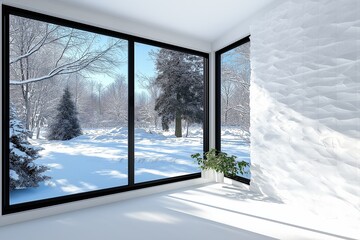 Aufkleber - A textured white wall paired with a sleek black-framed window overlooking a snowy landscap