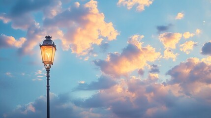 Wall Mural - Beautiful street lamps contrast with the blue sky and clouds. The background has enough space for text or design. The lamp has a vintage style.