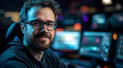 Focused Software Developer Hacker Gamer Wearing Glasses Working Intensely on Laptop in Dark High-Tech Environment