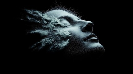 Canvas Print - Woman's face dissolving into particles, dark background.