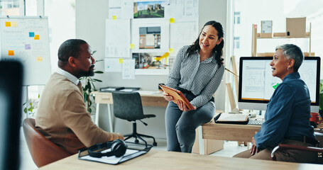 Poster - Architect, group and meeting with planning in office for discussion, brainstorming or review for design. People, woman and man with blueprint, feedback and solution at real estate development agency