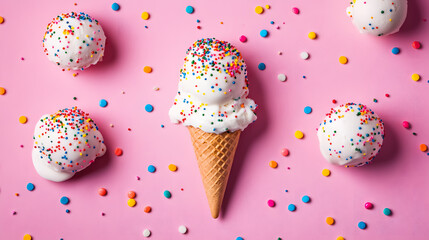 An infographic depicts ice cream adorned with colorful sprinkles, set against a minimal summer background.