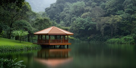 Wooden pavilion surrounded by a serene lake and lush forest creates a picturesque scene, highlighting the charm of the wooden pavilion amidst nature s beauty.