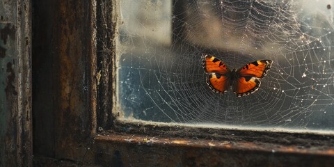 Butterfly trapped in a spider web situated in a window corner of a garage, showcasing the delicate balance in nature between a butterfly and a spider s web.