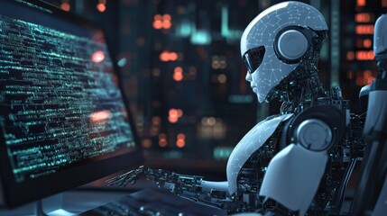 AI Programmer: A futuristic robot diligently codes at its computer, showcasing technological advancements and artificial intelligence.