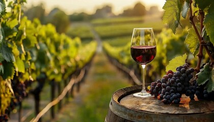 Poster - A serene vineyard scene featuring a glass of red wine, fresh grapes, and lush green vines bathed in warm sunlight.