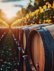 Poster - A picturesque vineyard scene featuring wooden barrels lined up under a beautiful sunset, creating a warm and inviting atmosphere.