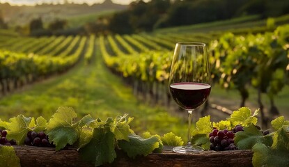 Poster - A serene vineyard landscape featuring lush green vines and a glass of red wine, capturing the essence of wine culture and nature's beauty.