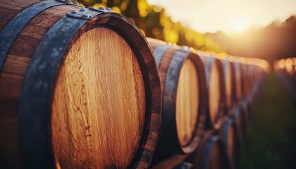 Fototapete - A row of wooden barrels glows in the sunset, surrounded by lush vineyards, symbolizing the art of winemaking and the beauty of nature.