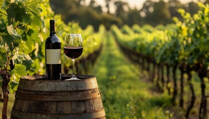 Poster - A serene vineyard scene featuring a bottle of red wine and a glass on a barrel, surrounded by lush grapevines under warm sunlight.