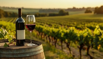 Poster - A tranquil vineyard scene featuring a bottle of wine and a glass on a wooden barrel, set against a backdrop of lush green rows under a golden sunset.