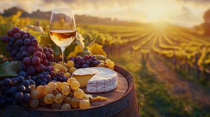 Poster - A scenic vineyard at sunset featuring a glass of wine, assorted grapes, and cheese on a wooden barrel, showcasing the beauty of wine country.