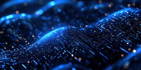Wall Mural - abstract representation of flowing data with glowing blue waves and particles.