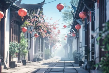 Canvas Print - Street old town in Chinese background city alleyway festival.