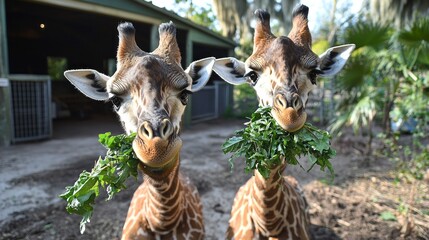 two curious giraffes are enjoying a tasty meal of lush green leaves in a tranquil outdoor habitat. t