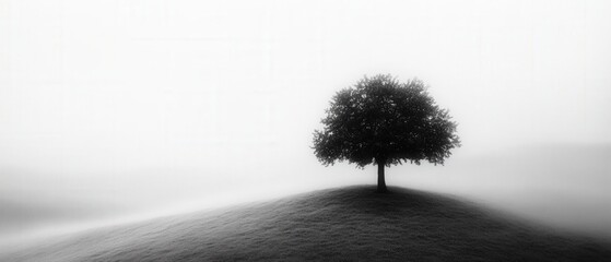 solitary tree on a foggy hill