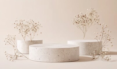 Aufkleber - Minimalist display with circular pedestals and delicate dried flowers.