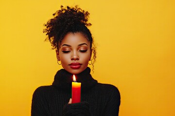 Wall Mural - Young African American woman with burning candle on yellow background. Kwanzaa 