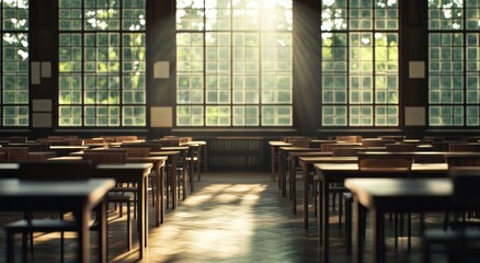 Aufkleber - A sunlit classroom with empty desks and large windows, creating a serene learning environment.