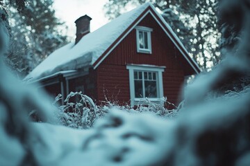 Wall Mural - a small, red wooden house with snow-covered roofs.