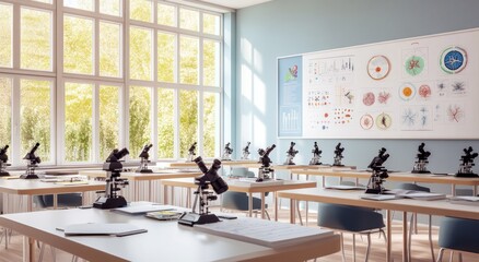 Aufkleber - A bright science classroom with microscopes and educational posters on biology.