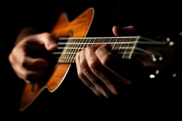 Aufkleber - A close-up of hands playing a ukulele in low light, highlighting music creation.