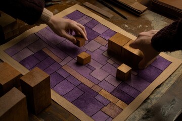 Aufkleber - A hands-on game involving wooden blocks on a purple patterned board.