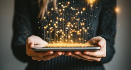 Aufkleber - A person holding a tablet with sparkling light effects emanating from it.