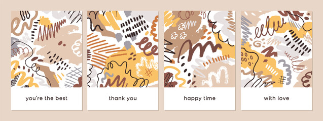 Leinwandbilder - Doodle-style cards set. Abstract freehand shapes, modern patterns, vertical backgrounds for print. Poster, postcard designs, typography with sketch elements, phrases. Flat vector illustration