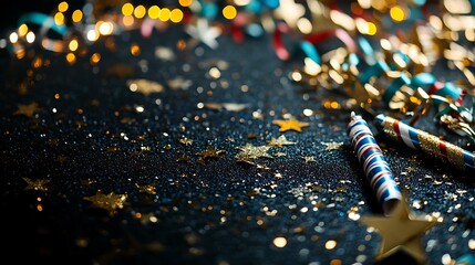 Wall Mural - New Year's Eve party corner border filled with glittering gold stars, streamers, and noisemakers on a dark black surface