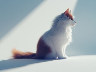 Poster - A serene cat sitting gracefully in soft light, showcasing its fluffy fur and profile.