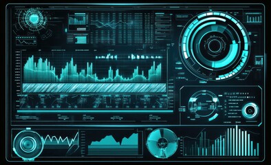 Fototapete - Futuristic data dashboard displaying various analytics and visualizations.