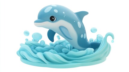 Wall Mural - A playful dolphin emerging from blue waves, designed in a cute and colorful style.