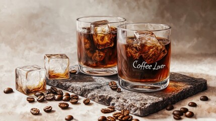 Wall Mural - Two glasses of iced coffee with coffee beans on a stone surface.