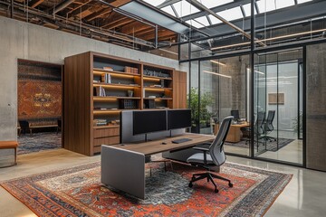 Poster - Modern office space featuring a desk, dual monitors, and a cozy atmosphere.