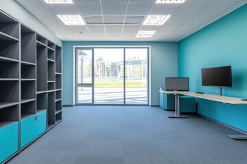 Aufkleber - Modern office space with shelves, desks, and large windows for natural light.
