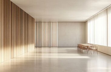Poster - A minimalist interior space featuring wooden accents and a dining table by large windows.