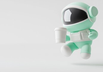 Aufkleber - A cute mint-colored astronaut character holding a coffee cup, floating in a minimalistic space.