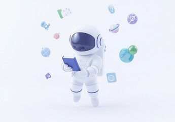 Poster - A 3D astronaut reading a book amidst floating educational icons.