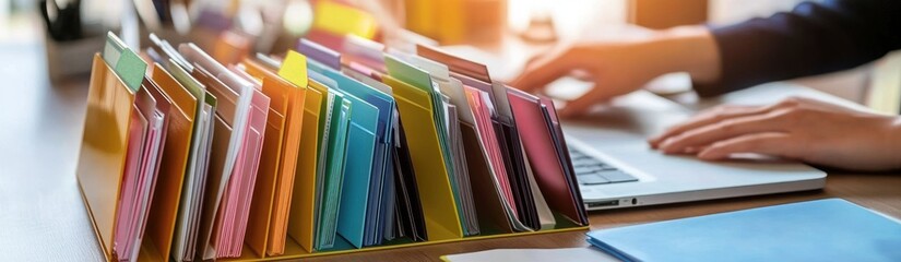 Poster - A workspace with colorful file folders and a laptop, emphasizing organization and productivity.