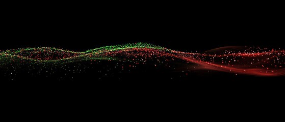 Fototapete - Abstract wave pattern with red and green particles on a black background.